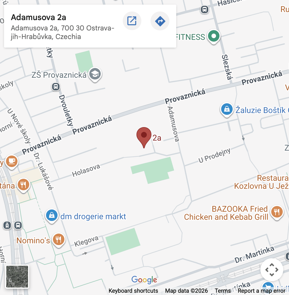 Mapa okolí — Adamusova 1316/2A, Ostrava-Hrabůvka